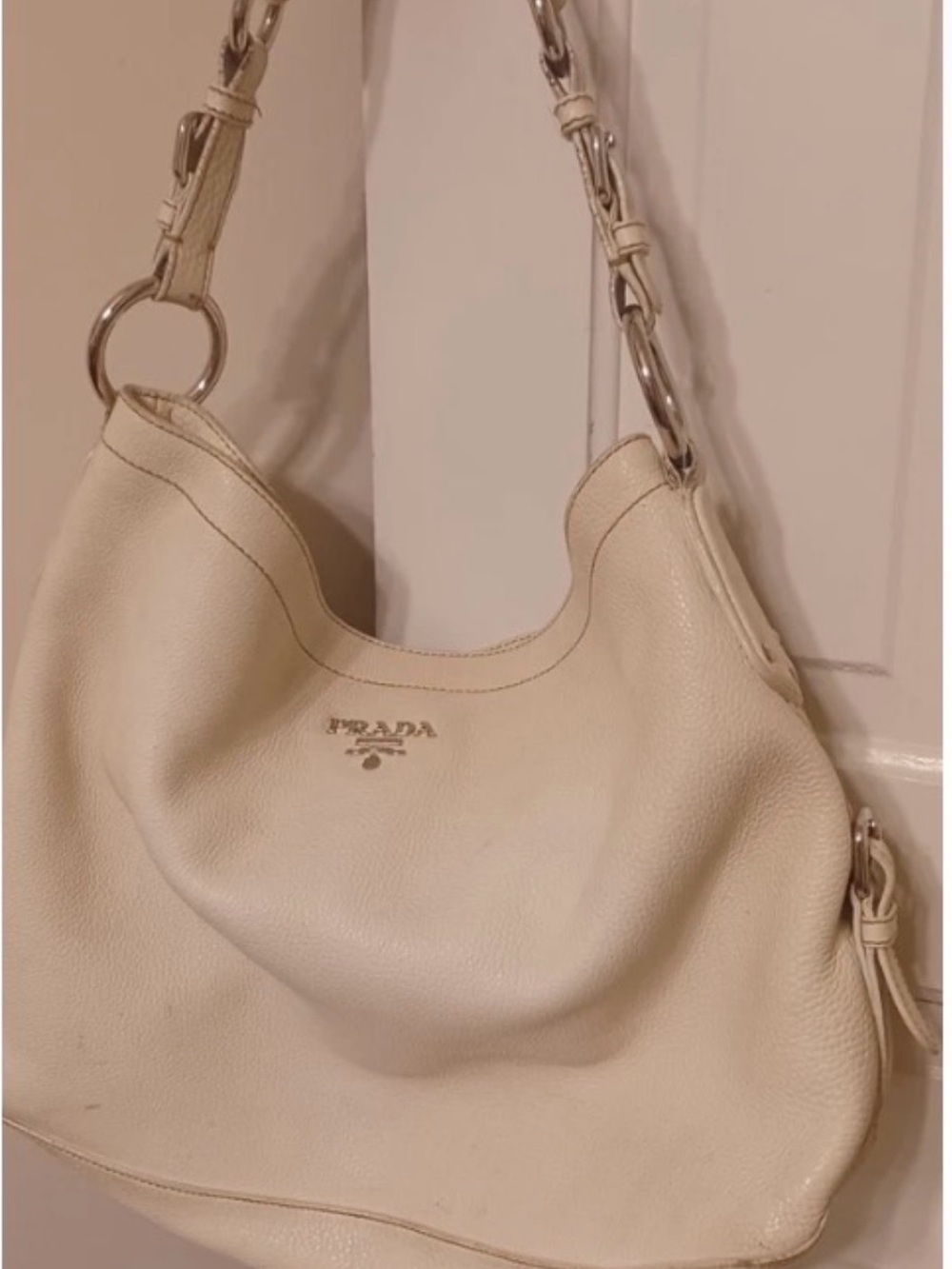 Authenticated Prada Vitello Daino Hobo Bag in supple cream/white pebbled leather